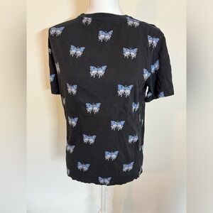 Eighty Eight Brand Gray and Blue Dripping Butterflies Black Butterfly Tee Size M